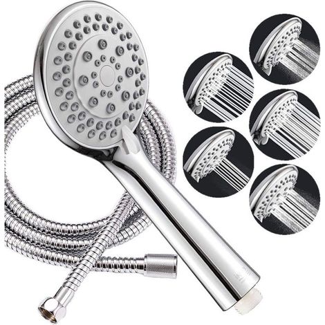 Pommeau De Douche 107 Mm – 5 Fonctions – Finition Chromée Anti-calcaire – Tuyau Flexible Acier Inoxydable 150 Cm