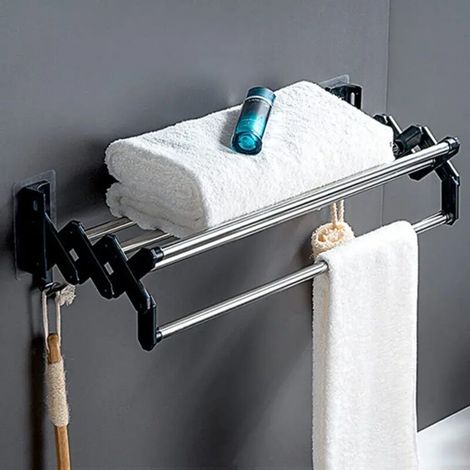 Porte-serviette Mural Extensible 40cm – Acier Inoxydable Antirouille – Installation Auto-adhésive Ou Murale – 2 Crochets Supplémentaires