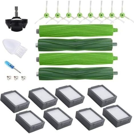 Kit D'Accessoires Pour Aspirateurs Irobot Roomba – 4 Brosses Principales, 8 Filtres Hepa, 8 Brosses Latérales, 1 Roue Avant – Compatible I1, I3, I4, I6, I7+, I8, E5, E6, J5+