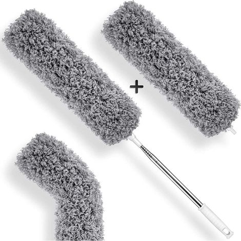 Plumeau Télescopique Avec 2 Embouts Microfibres – Manche En Acier Inoxydable – Longueur Jusqu'à 280 Cm – Pour Nettoyage Fenêtres Et Radiateurs