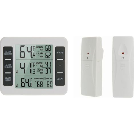 Lot De 1 Thermomètre De Frigo Congelateur, Thermomètre De Réfrigérateur Sans Fil Avec 2 Capteurs, Alarme Sonore, Min/max, Thermomètre In/extérieur Pour Maison Cuisine Restaurant Bars Café