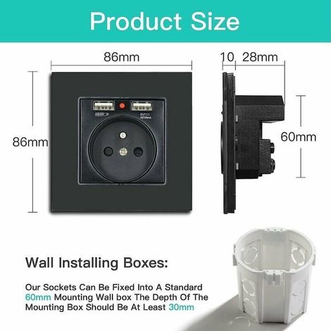 Prise Murale Avec 2xusb, 16a - Panneau En Verre Cristal Noir, Prise 250v Avec Usb (max. 2,1a), Convient Aux Smartphones, Tablettes, Mp3 (1 Pcs)