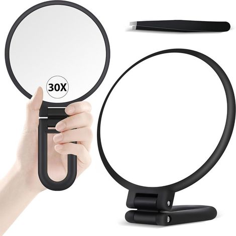 Miroir Grossissant 30x Pliable Et Portable – Double Face 1x/30x – Poignée Rotative 360° Pour Maquillage Précis En Déplacement – Noir Mat