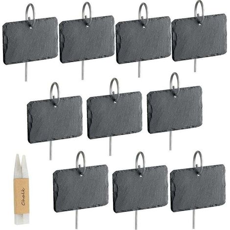 Lot De 10 Étiquettes En Ardoise Pour Plantes – Marqueurs Avec Piquets En Métal – Dimensions 10x7cm – Réutilisables Avec Craies Incluses