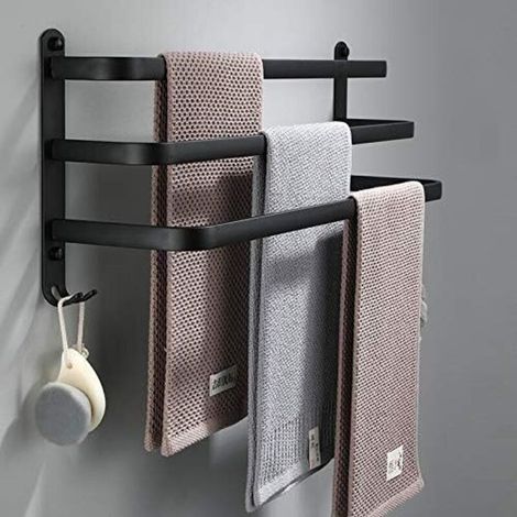 Porte-serviettes De Salle De Bain, Porte-serviettes Mural Noir Pour Douche Et Cuisine, Barres De Porte Étanches Avec Crochet (50 Cm, Trois Barres)