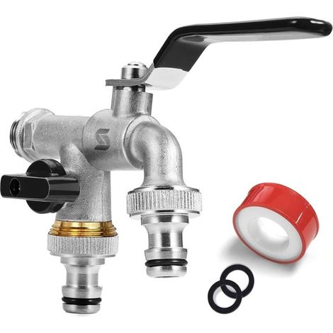 Robinet De Jardin, Robinet À Double Sortie 3/4", Résistant À La Rouille Et Au Gel, Avec 2x Sorties 3/4", 1x Ruban D'Étanchéité À Rouleaux, Double Raccordement Et Embout De Tuyau Pou R(noir)