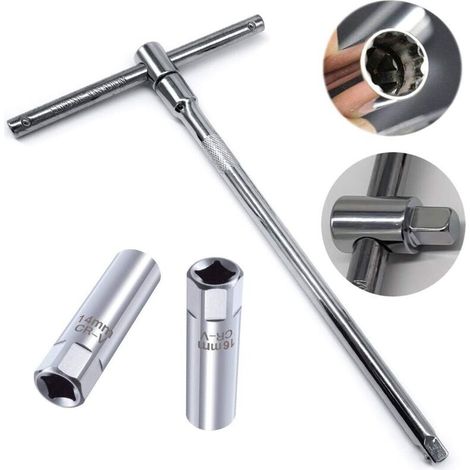 2 Pcs 3/8" Douille De Bougie D'Allumage À Paroi Mince Outil De Démontage À 12 Points 14 Mm Et 16 Mm + 3/8" Clé En T Réglable Couple D'Entraînement Clé À Bougie Kit D'Extension (25 Cm)
