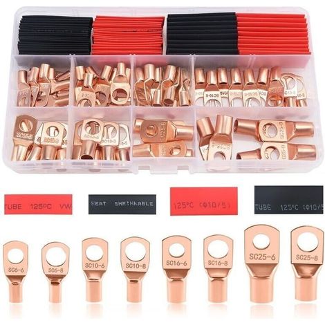 Kit De 120 Cosses À Anneau M6/m8 – Cosses Tubulaires Et Embouts De Câble – Avec Gaines Thermorétractables Dorées – Cuivre