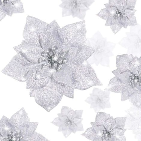 36 Pièces Fleurs De Poinsettia De Paillettes De Noël Fleurs Artificielles De Paillettes De Mariage Ornements De Nouvel An De Sapin De Noël(argent, Style De Paillettes)