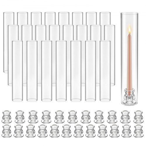 24 Stk. Glaszylinder Für Kerzen Set, Hurricane Kerzenhalter 65x350mm, Kerzengläser Aus Borosilikatglas, Kerzenschatten Bodenlos, Windfeste Kerzenhalterhülle Für Hochzeit Weihnachten Party Deko