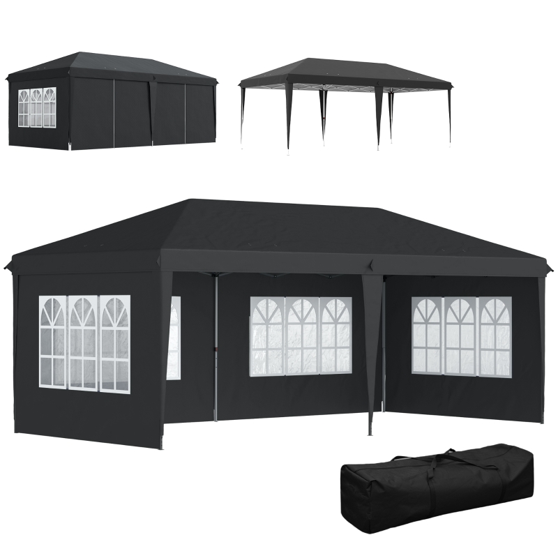 Faltpavillon Mit 4 Abnehmbaren Seitenwaenden Und Uv-schutz Fuer Garten Und Markt Aus Polyester Schwarz 3 × 6 M