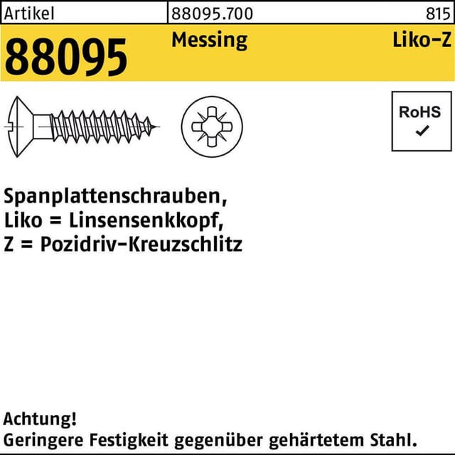Spanplattenschrauben ART 88095 4 x 35 -Z Messing, Linsensenkkopf Ms S
