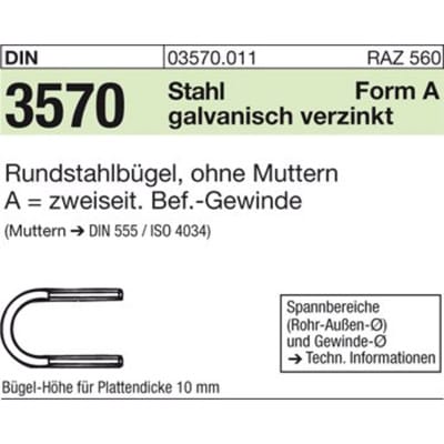 Rohrschelle Rundstahlbügel DIN 3570 Stahl verzinkt ø52mm NW 40 M10