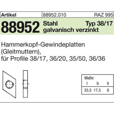 Hammerkopf Gewindeplatte ART 88952 Typ 38/17, M 12 , gal Zn gal Zn S