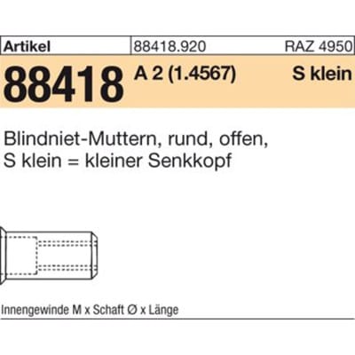 Blindniet-Muttern A2 Senkkopf klein M 8 / 0,25 - 3,5 S