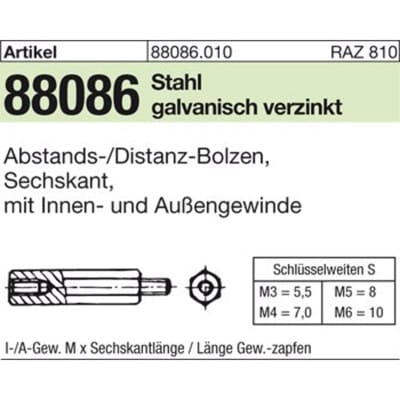 Sechskantabstandsbolzen ART 88086 I/A St. gal Zn M4 x 55 / 9 x 8 SW7 gal Zn S