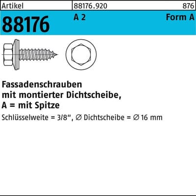 Fassadenschraube ART 88176, A2 6,5 x 85 Neoprenscheibe 16 A 2 S