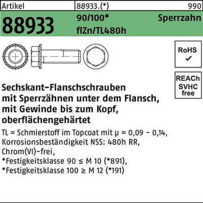 Sechskant-Sperrzahnschrauben 88933 Kl. 100, M16 x 40 flZn/nc/TL/x/480h/C flZn S