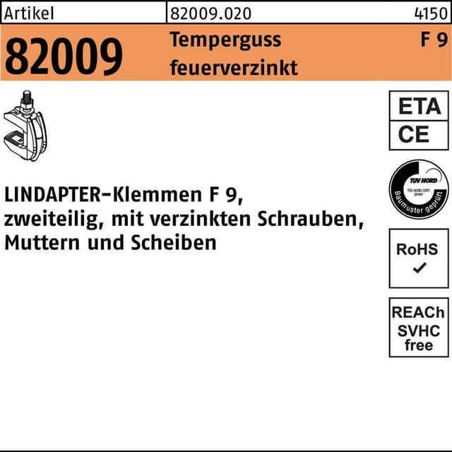 Lindapter Klemmen ART 82009 GTF 9 M20 feuerverzinkt, komplett S