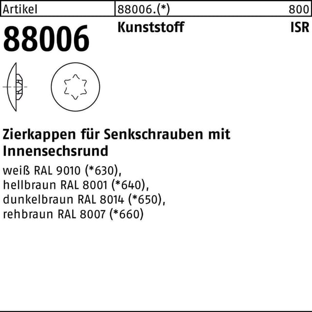 Kappen ART 88006 für TORX® 20 x 12/4-4,5 weiß RAL 9010 S