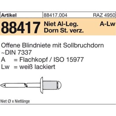 Blindniete ART 88417 5 x 12 Alu Lack. weiß/St. verzinkt S