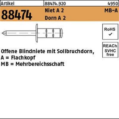 Mehrbereichsblindniete ART 88474 A 2/A 2 FLAKO 4 x 10 S
