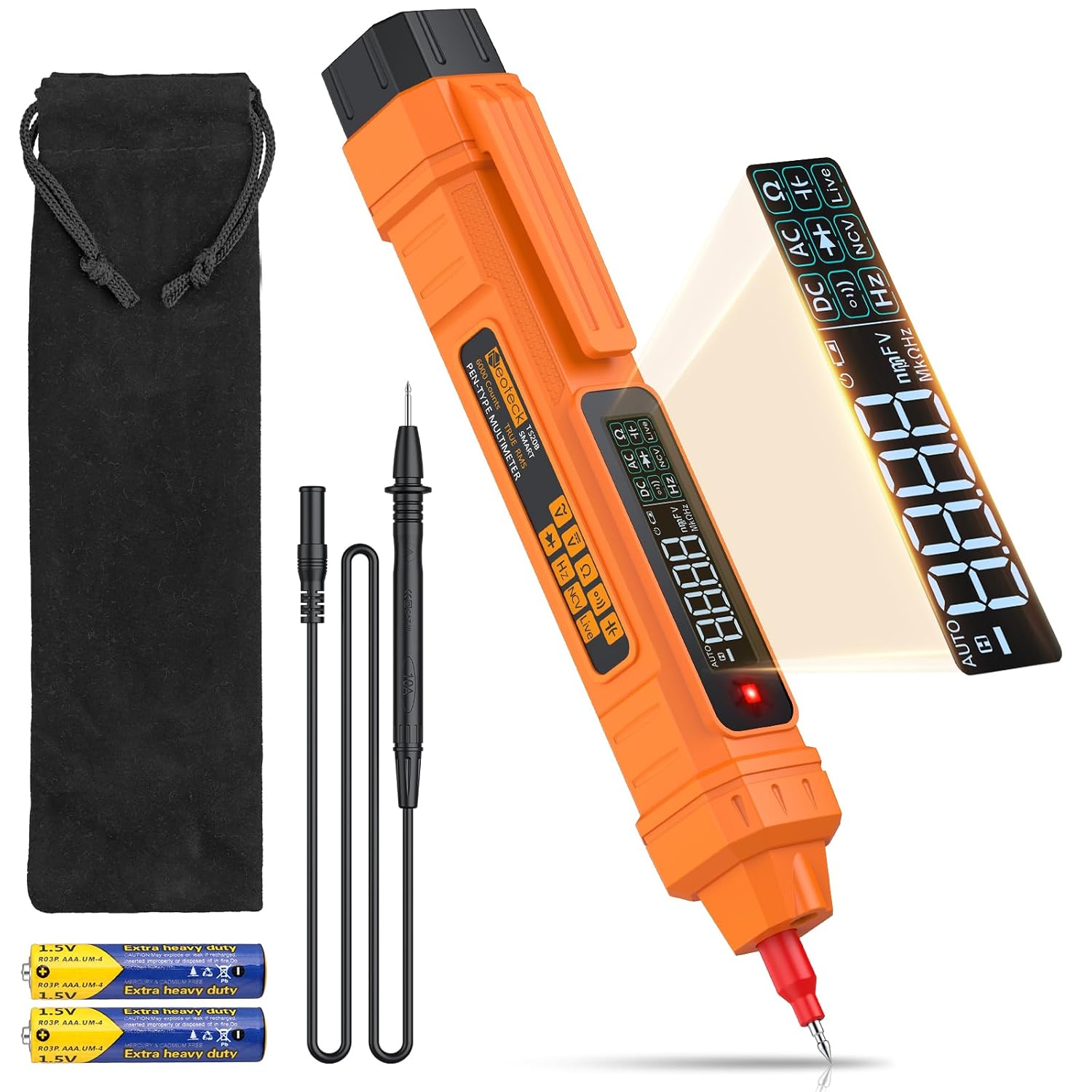 2-in-1 Digital-spannungsprüfer-multimeter Trms 6000 Berührungsloser Spannungsdetektor Ncv Mit Lcd-bildschirm Für Ac/dc-spannung, Widerstand, Dioden, Durchgang, Kapazität, Frequenz - Oranges Gehäuse