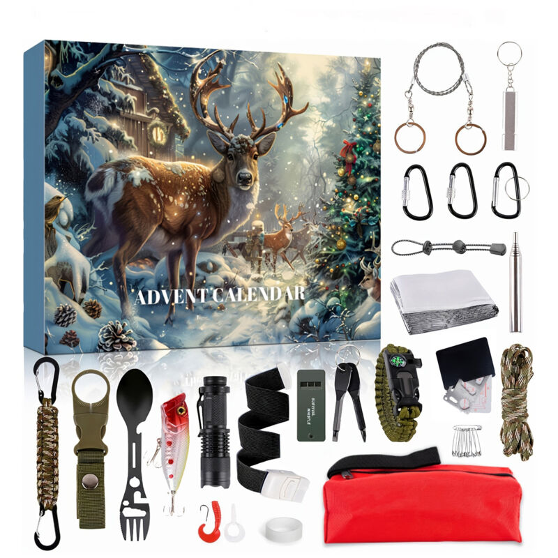 Adventskalender Für Männer Mit Erste-hilfe-set – 24 Überlebenswerkzeuge – Taschenlampe – Fallschirmleine – Tragbares Design