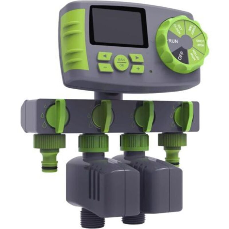 Gartenbewässerungscomputer, 4-zonen-schlauchzeitschaltuhr Mit 2 Magnetventilen, Grün Und Grau