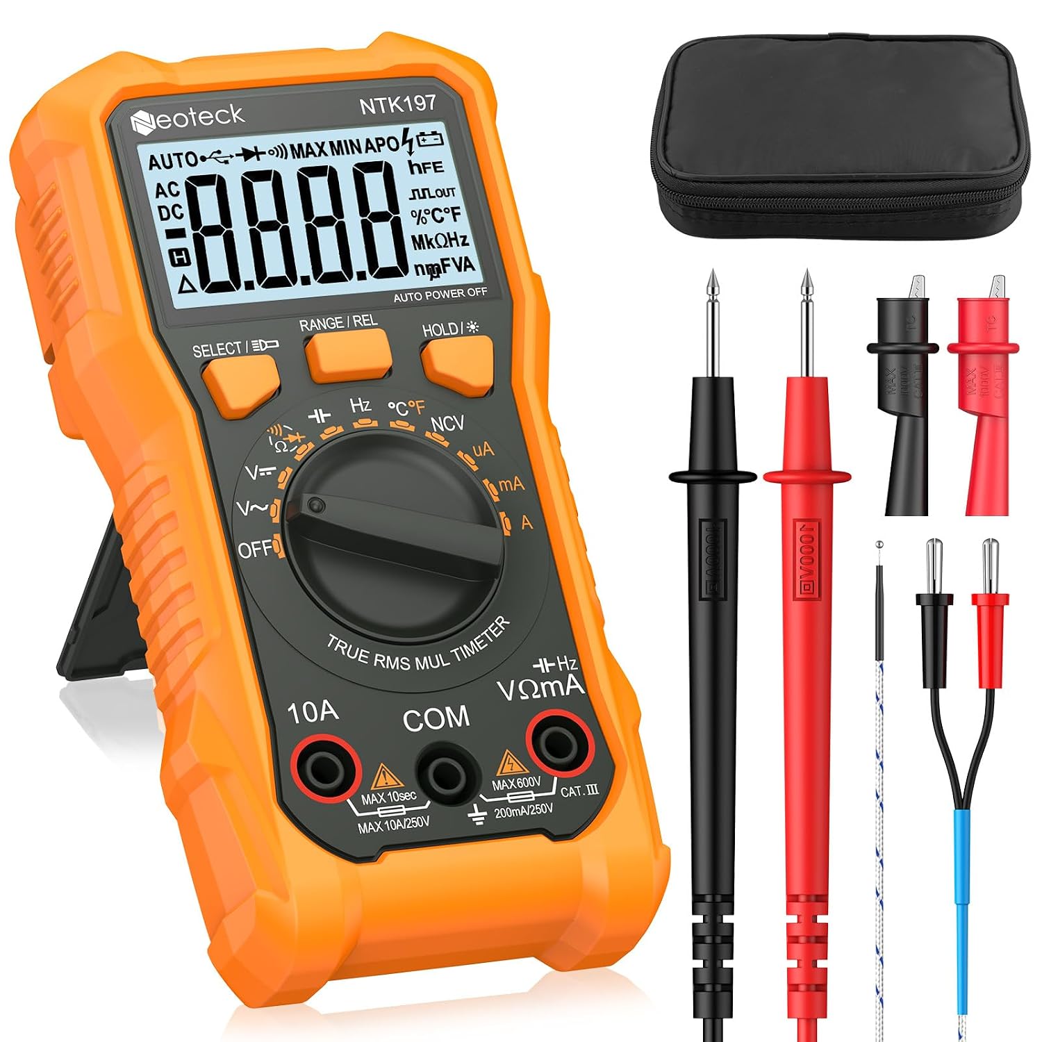 Digitales Multimeter Mit 2000 Zählern, Elektrisches Testgerät Für Wechsel- Und Gleichstrom, Spannung, Widerstand, Kapazität, Ncv, Frequenz Und Temperatur, Mit Krokodilklemme (orange, 2000 Zähler / 600