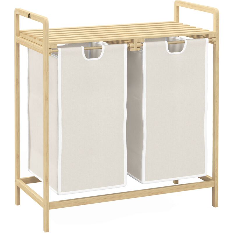 Wäschekorb Aus Bambus Mit 2 Herausnehmbaren Und Verschiebbaren Vlieseinsätzen, 63,5 X 33 X 73 Cm, Cremefarben