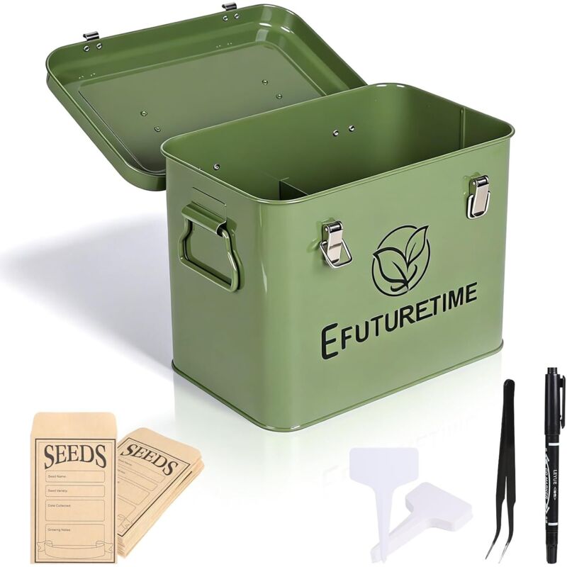 Metallene Saatgutbox Für Den Gemüsegarten, 20,5 × 13,5 × 16 Cm, Mit Deckel, 30 Pflanzenetiketten Und 30 Saatguttüten, Geschenkidee Für Gartenliebhaber, Grün