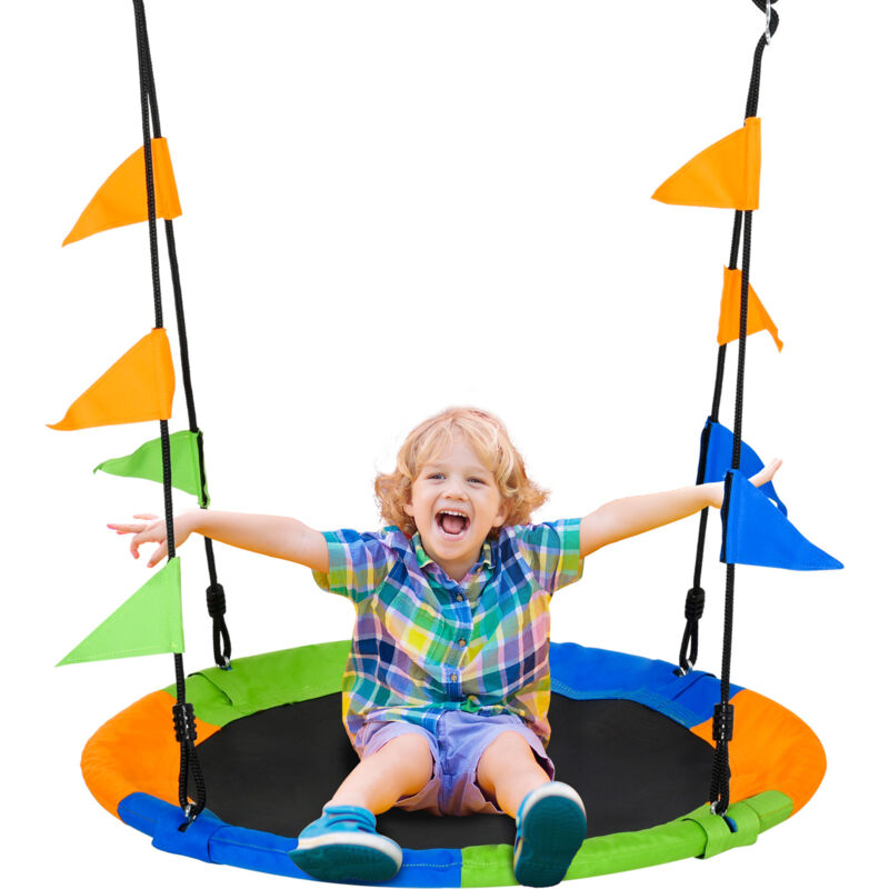 Runde Vogelnestschaukel, Korbdurchmesser 100 Cm, Für Kinder Und Erwachsene, 2 Ringe Inklusive, Max. Belastung 80 Kg, Epoxidbeschichtetes Metall, Hochdichtes Pp-oxford-gewebe, Mehrfarbige Fähnchen