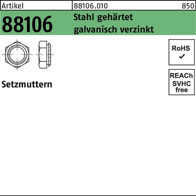 Setzmuttern ART 88106 M 12 / 2,9 Stahl gehärtet, galv. verzinkt gal Zn S