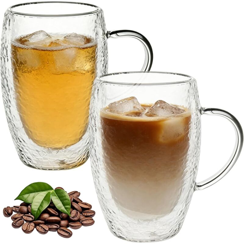 Set Mit 2 Doppelwandigen Latte-macchiato-gläsern Aus Borosilikatglas, 450 Ml Fassungsvermögen, Mit Henkel, Für Cappuccino, Latte, Tee, Eistee Und Eiskaffee Americano, Spülmaschinenfest