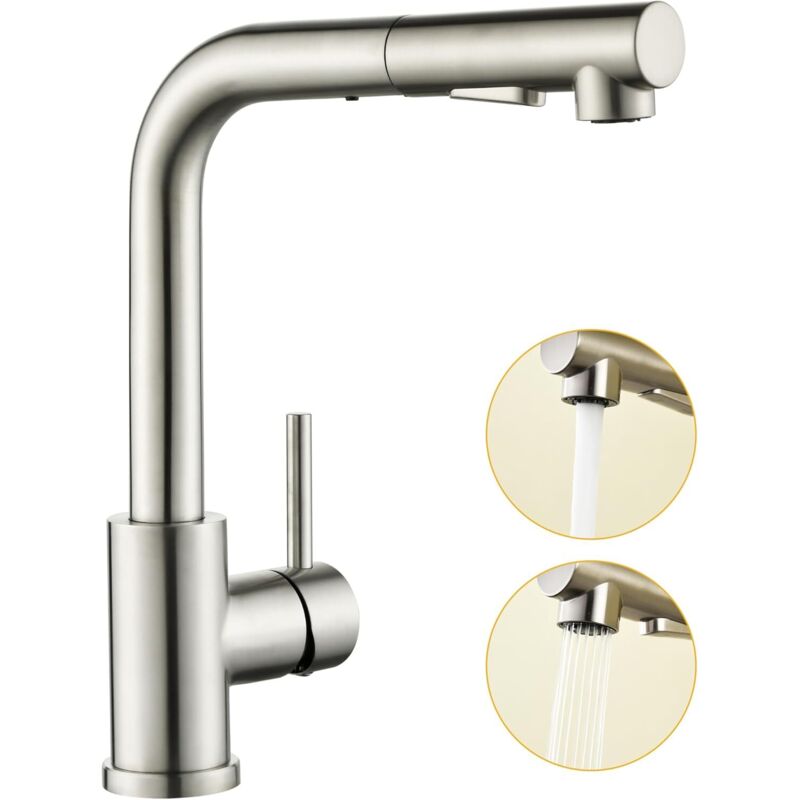 Baollansa Küchenarmatur, Auszieh-mischbatterie Mit Hochdruckfunktion, Spülbeckenarmatur Mit Ausziehbarem Brausekopf, 2 Strahlarten, Edelstahl-küchenarmatur, 360° Schwenkbar