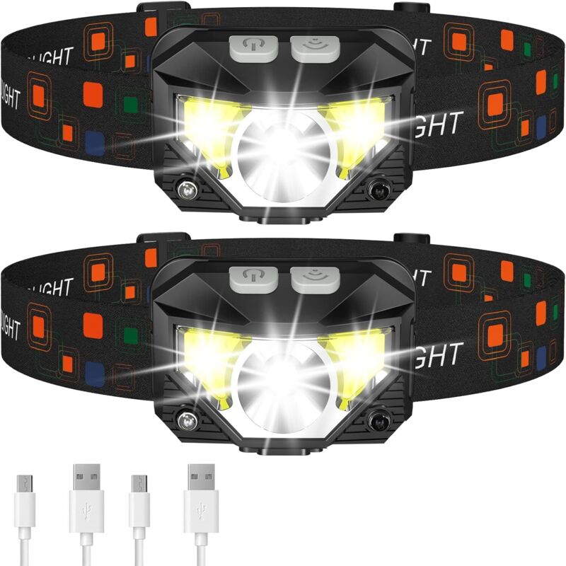 Set Mit 2 Ultraleichten, Wasserdichten Und Wiederaufladbaren Led-stirnlampen – 8 Weiß/rot-lichtmodi Mit Bewegungssensor – Camping, Wandern, Angeln, Laufen