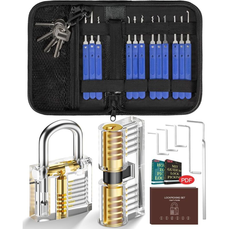 25-teiliges Schlossknacker-set Mit 2 Transparenten Schlössern, Übungswerkzeugen, Transparentem Vorhängeschloss Mit Ledertasche, Übungswerkzeug Für Anfänger Und Professionelle Schlosser
