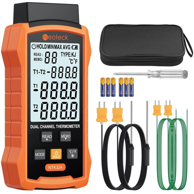 Digitales 2-kanal-thermometer Typ Kj -50-1300 °c, Hohe Präzision, 4 Messfühler, 99 Datenspeicherplätze, Hintergrundbeleuchtetes Lcd-display, Geeignet Für Industrie-hlk, Labor, Öfen Und Kühlschränke.