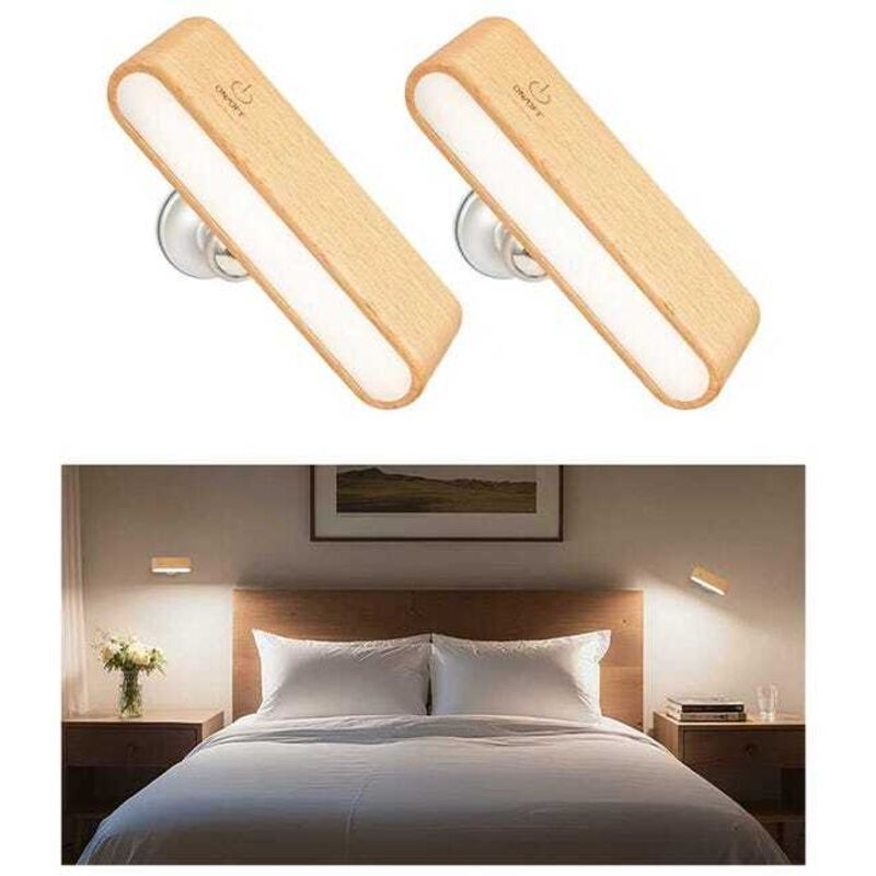 (2er-set, Buche-farbe) Led-wandleuchte Mit Holzoptik, 360° Drehbarer Magnetfuß, Nachttischlampe, Ideal Fürs Schlafzimmer