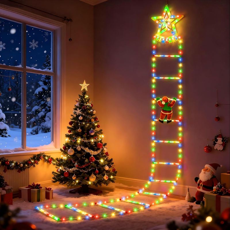 Lichterkette Mit Leiter Und Weihnachtsmann, 2,7 M, Kletternder Weihnachtsmann Für Den Außenbereich, 12-stufige Leiter Mit Weißen Sternen Und 4-farbigen Leds, 8 Beleuchtungsmodi, Usb-fernbedienung