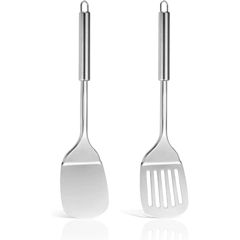 2-teiliges Küchenspatel-set Aus Edelstahl, Robuste Küchenutensilien Aus Edelstahl, Hitzebeständiger Spatel, Silberne, Perforierte Servierschaufel, Spülmaschinenfest, Leicht Zu Reinigen