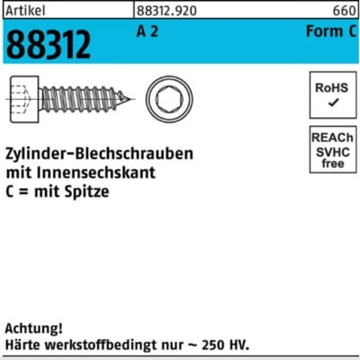 Zylinderblechschraube ART 88312 A 2 6,3 x 50 -C, Kopf DIN 912 A 2 S