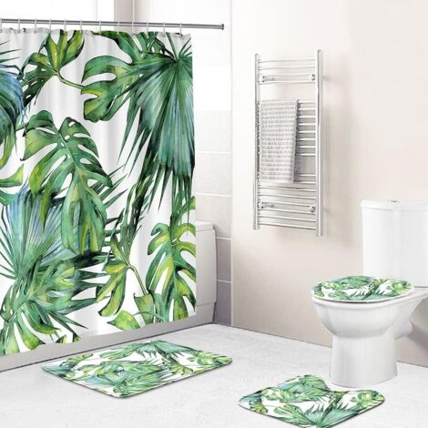 Rideau De Douche À Motif De Plantes Tropicales Vertes, Tapis De Bain À Motif Floral, Housse De Siège De Toilette Antidérapante, Ensemble De Décoration De Salle De Bain - 180 X 200 Cm
