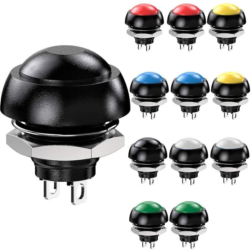 Lot De 12 Interrupteurs À Bouton-poussoir Momentanés Étanches Spst Marche/arrêt De 12 Mm, 3 A/3 V, 5 V, 9 V, 12 V, 24 V, 230 V Ca, Ronds, Pour Voiture, Pc, Lampe De Table, Sonnette