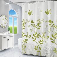 Rideau De Douche Antimoisissure Vert 180x200 Cm Motif Floral, Lavable, Avec 12 Oeillets Blancs