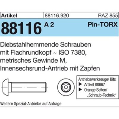 Sicherheitsschraube, Linsenkopf ISO 7980 ART 88116, M6 x 16 mit Pin-TORX® T30