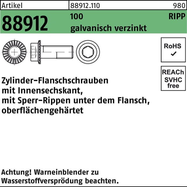 Innensechskantschrauben mit Sperrrippen ART 88912, Kl. 100 M8 x 25 gal Zn S