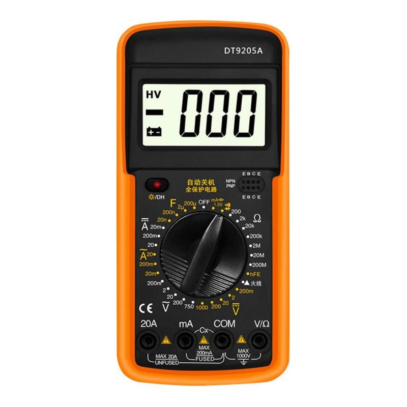 Dt9205a Multifunktions-digitalmultimeter (amperemeter, Voltmeter, Widerstands-, Kapazitäts- Und Ac/dc-transistortester, Hintergrundbeleuchtung, Ncv-amperemeter) - Batterie Nicht Enthalten (gelb)