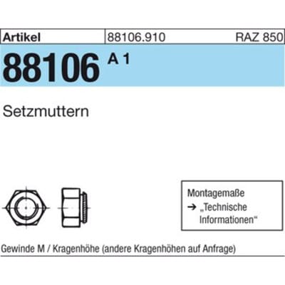 Setzmuttern ART 88106 M 4 / 0,9 Stahl gehärtet, galv. verzinkt gal Zn S